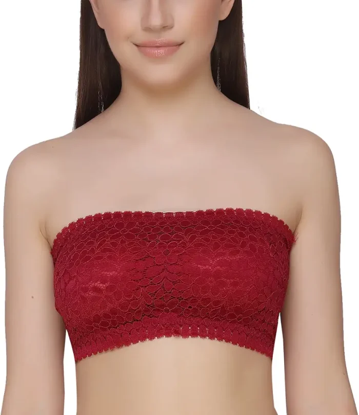 Women’s Cotton Nylon Spandex Lace Tube Bra Padded Wire Free Full Coverage with Back Hook Stretchable Seamless Strapless Bandeau Bra - Free Size