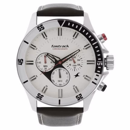 Fastrack Big Time Quartz Chronograph Black Dial Leather Strap Watch for Guys