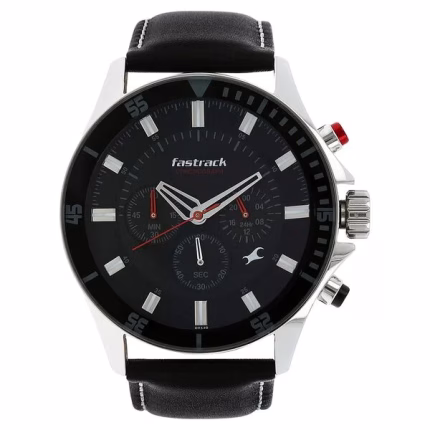 Fastrack Big Time Quartz Chronograph Black Dial Leather Strap Watch for Guys