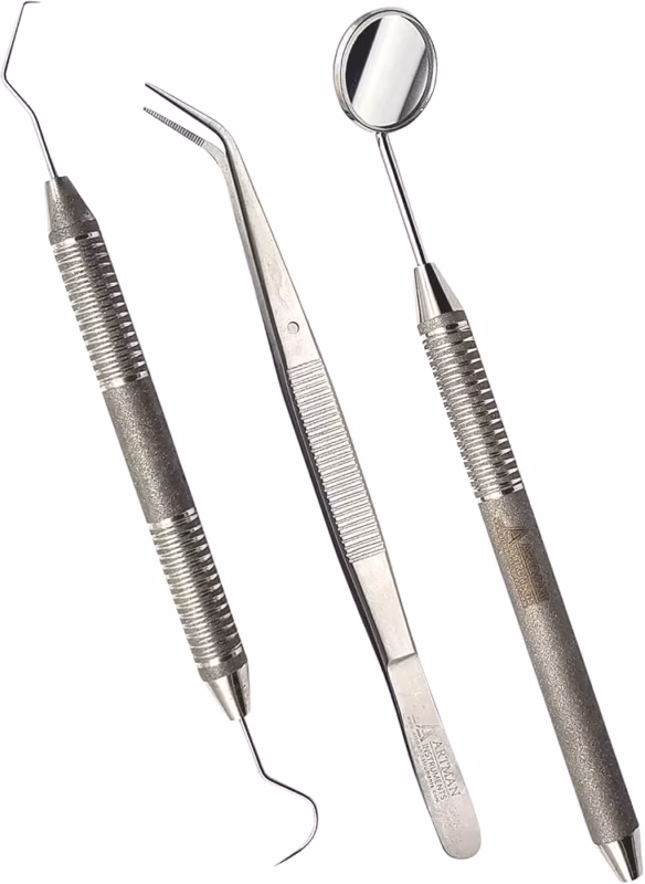 3-Piece Stainless Steel Dental Examination Kit – Mouth Mirror, Probe & Tweezers