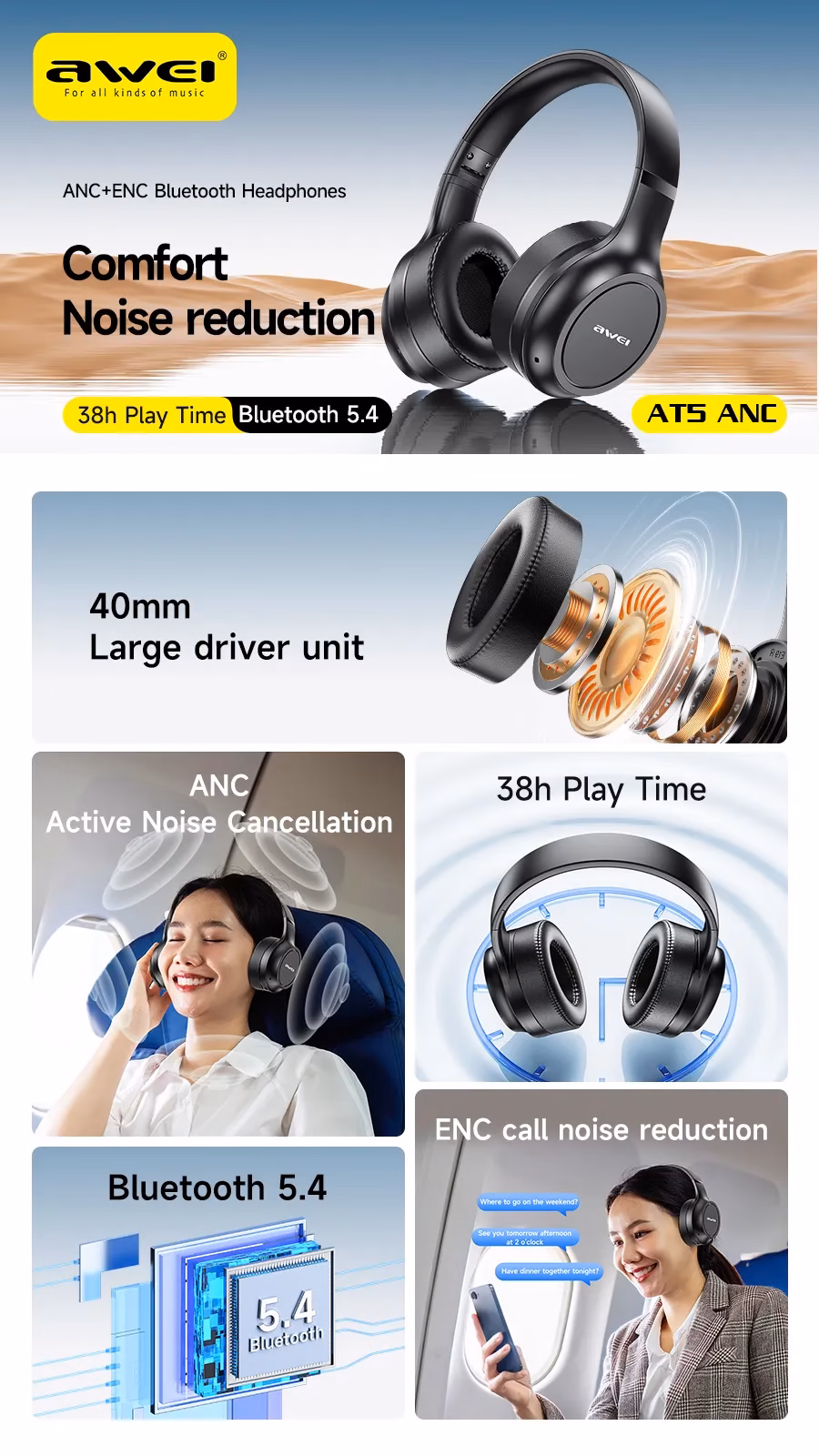 Awei AT5 ANC ENC Wireless Headset Awei AT5 ANC ENC Wireless Headset